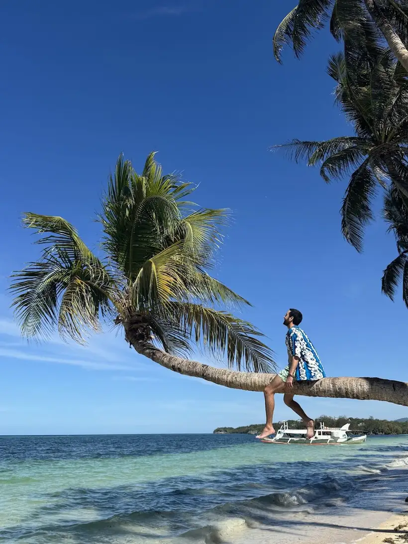 Mahmoud sitting on a leaning palm tree over turquoise water